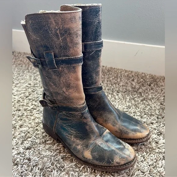 BED|STU Distressed Black and Brown Leather Turn-mid calf Moto Boots - Picture 2 of 6